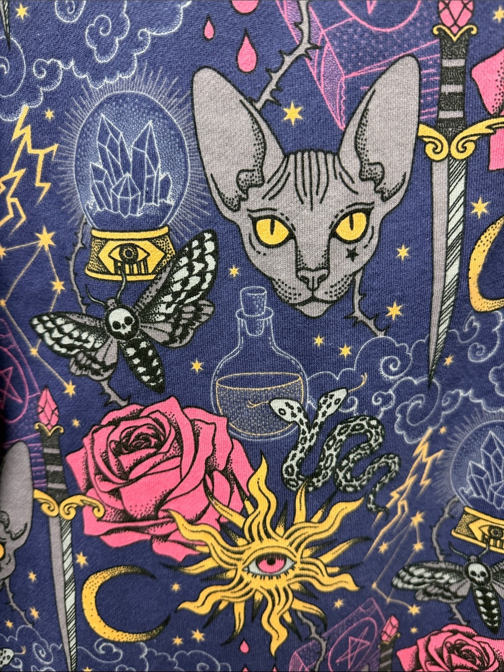Earthbound Mystical Sphynx Cat Print Sweatshirt in Navy & Pink - Picture 5 of 8